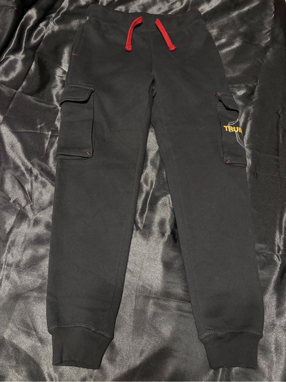 Kids True Religion Black Cargo Joggers with Red Drawstring